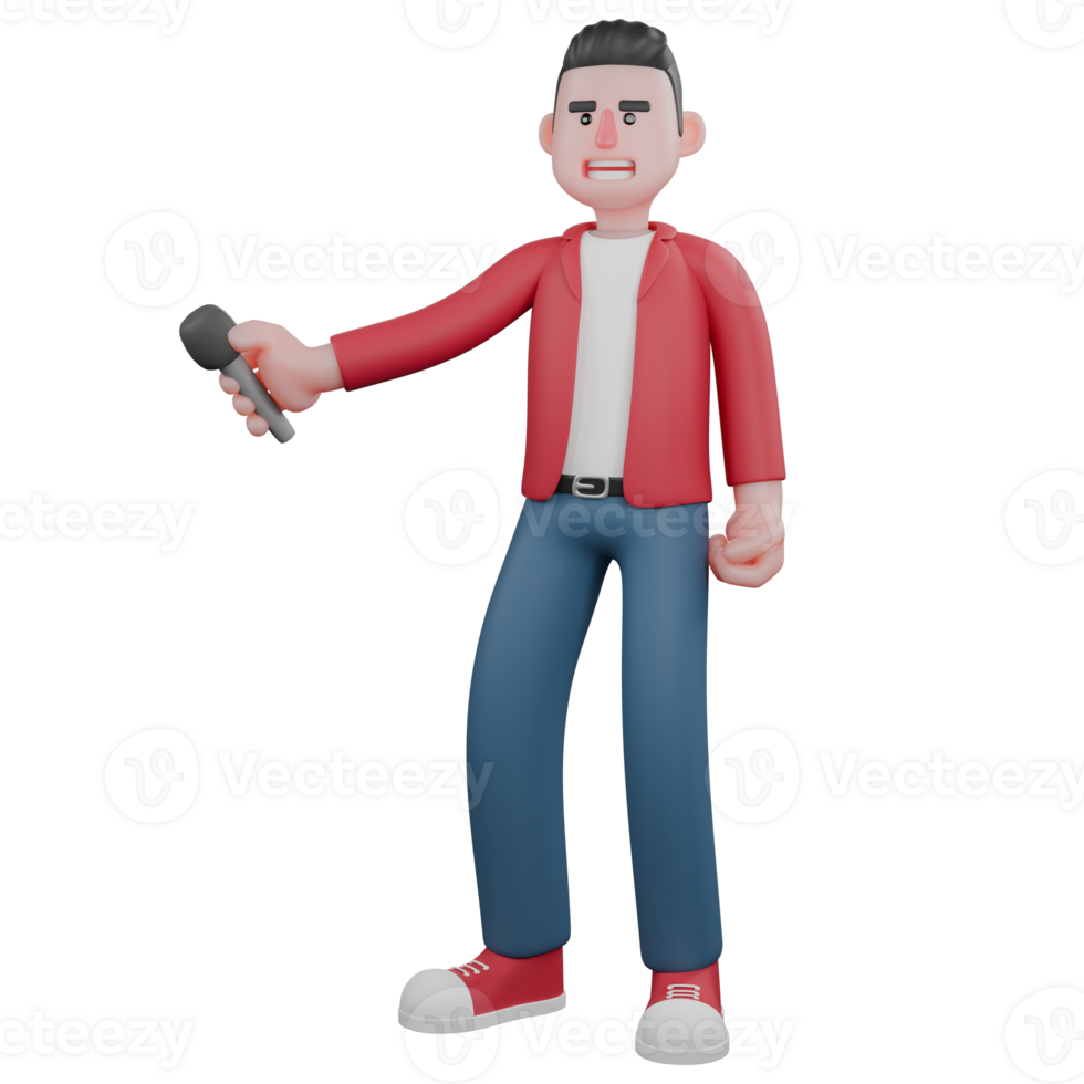 Cartoon Singer in 3D Design. A male singer stands holding a microphone in his hand and showing an explanatory expression. Music Artist png