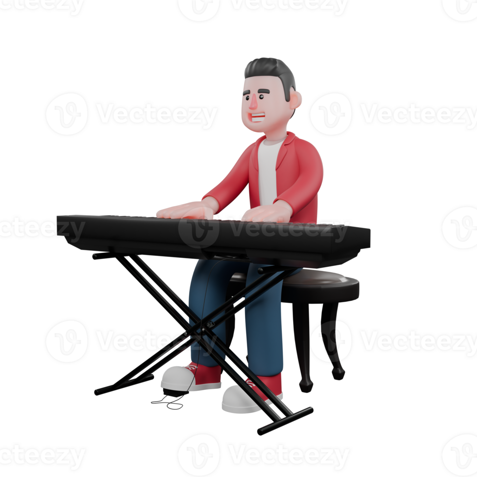 3D Illustrated Vocal Character. A male singer is sitting while playing an electric piano. Music Talent png