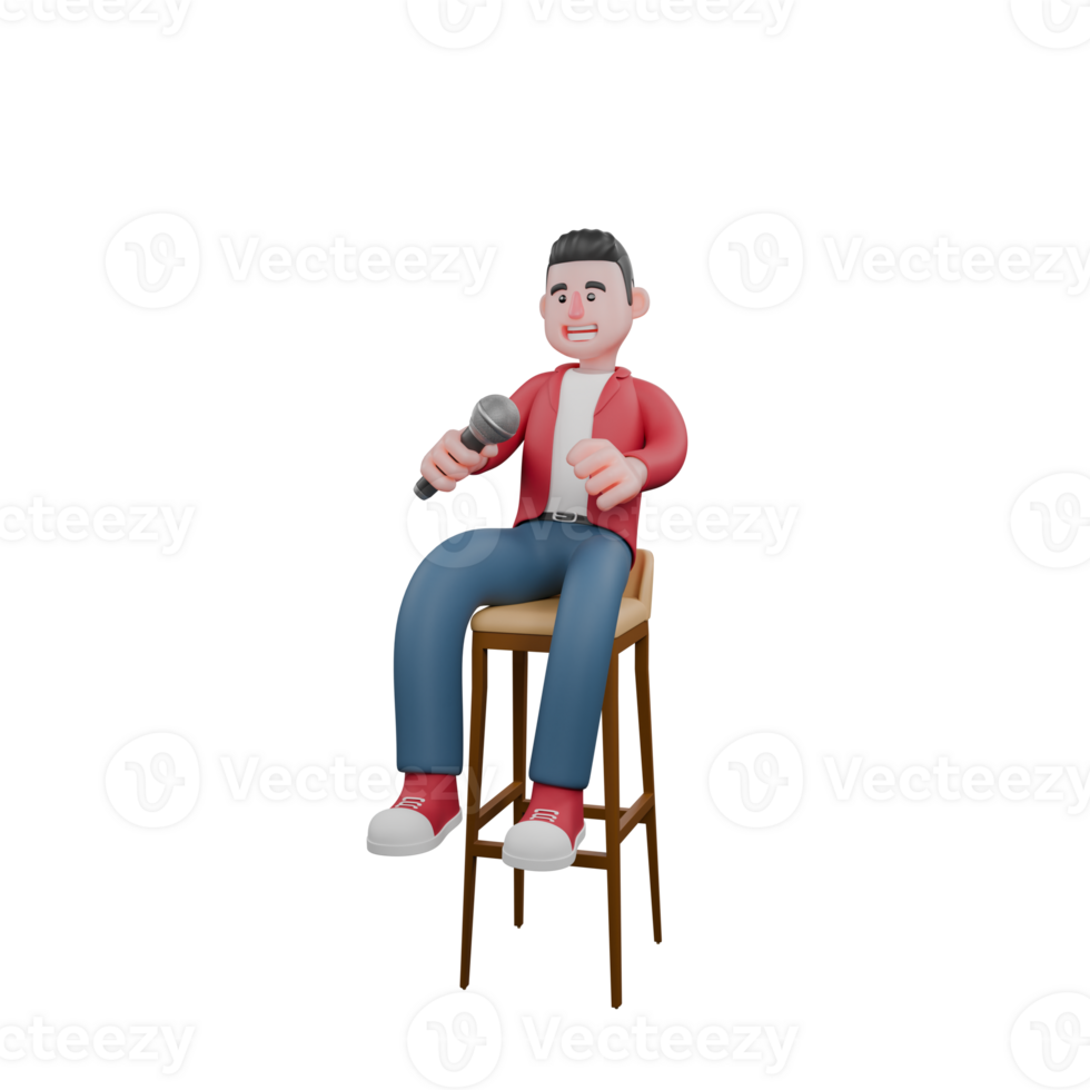 3D Singing Character Model. A male singer is sitting on a bar stool holding a microphone. Entertainment Star png