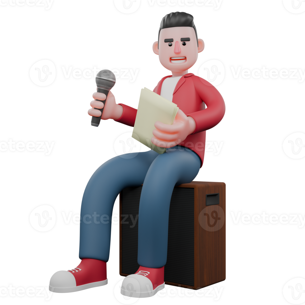 Animated 3D Vocalist Character. A male singer is sitting on a speaker while holding a mic and a lyric book. Music Personality png