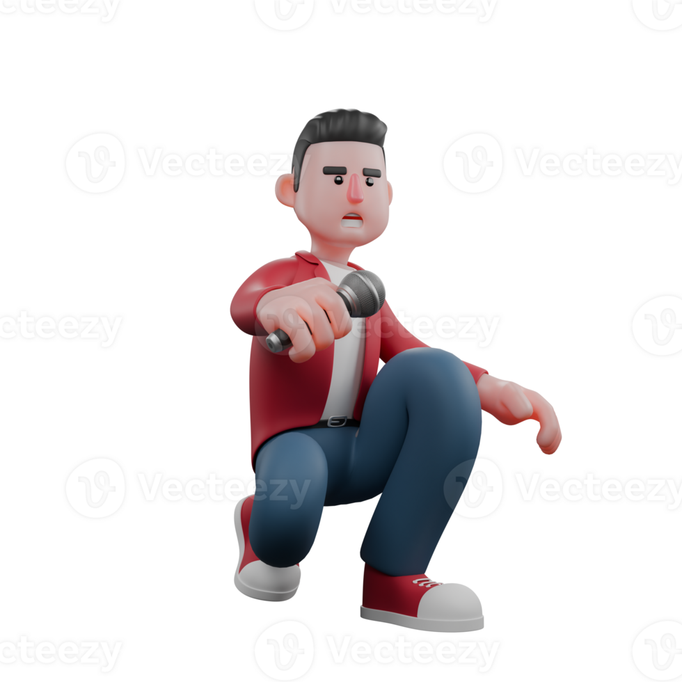 3D Singer Character Design. A male singer kneels on all fours while holding a microphone. Vocal Artist Style png