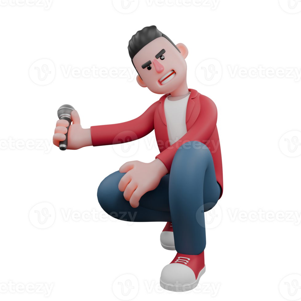 3D Character of Music Vocalist. A male singer crouches while holding a microphone in his left hand. Performance Design png