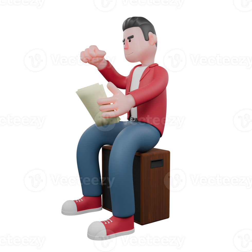 Illustrated Male Singer in 3D. A male singer sits on a speaker holding a paper in his hand. Music Performer png