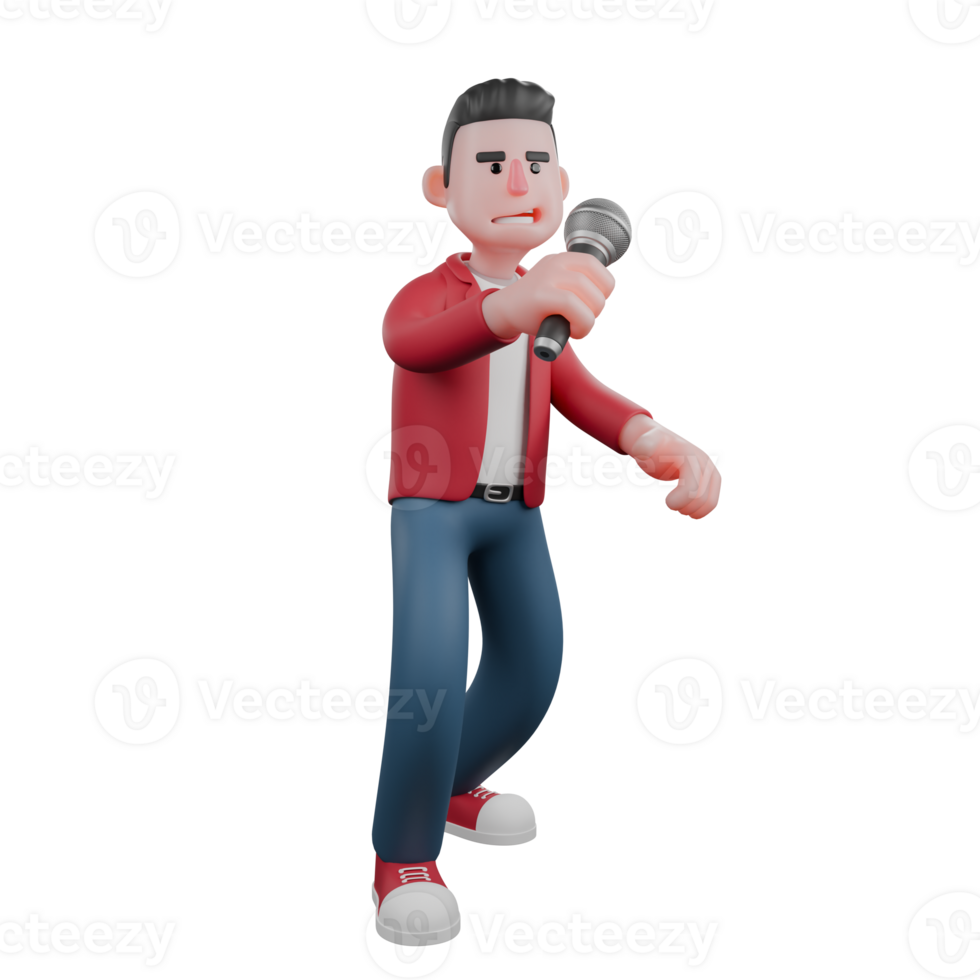 3D Singing Male Character. A male singer stands holding a mic in his left hand with an arrogant expression. Vocalist Cartoon png