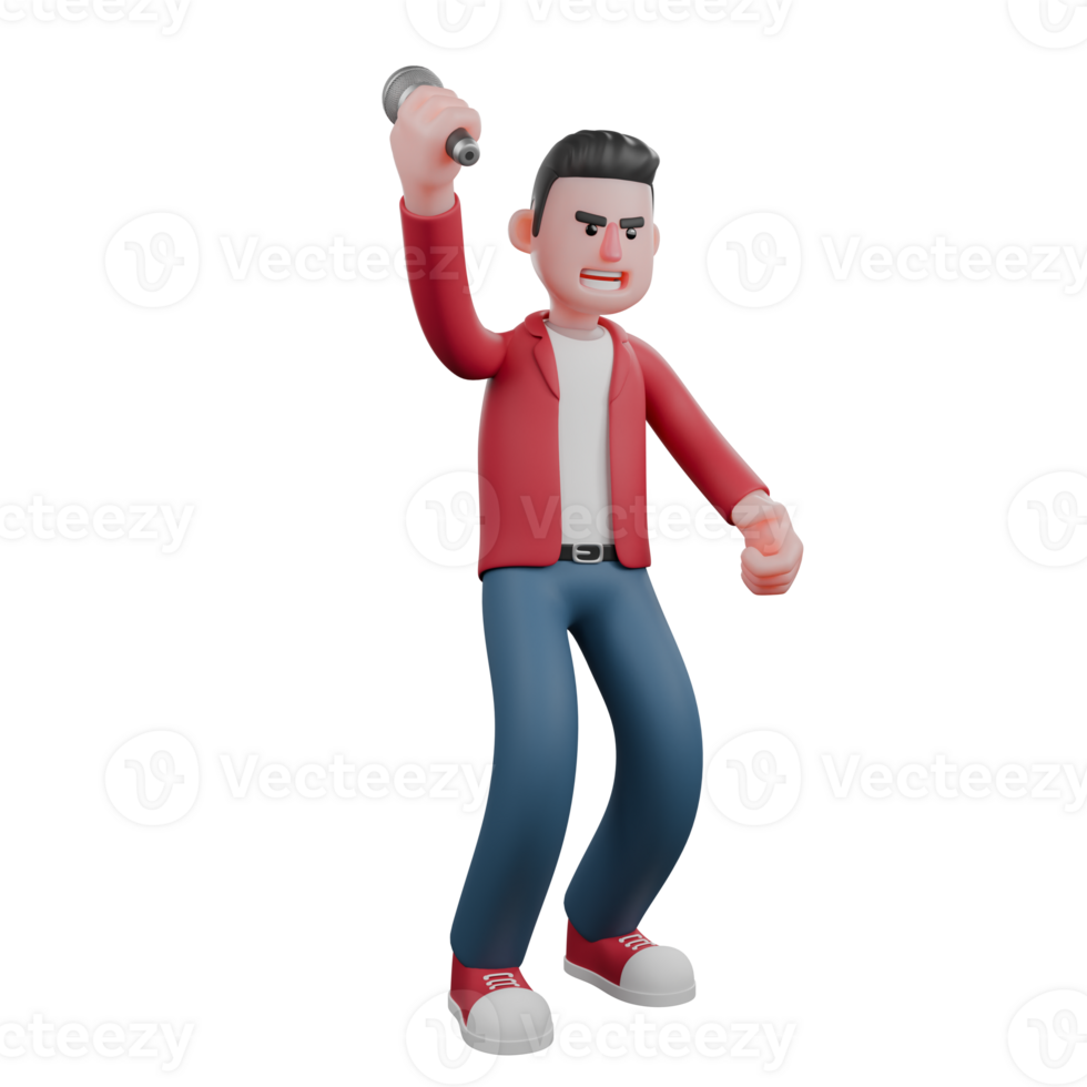 Illustrated Singer in 3D. A male singer is standing while holding a mic and wants to throw the mic. Cartoon Performer png