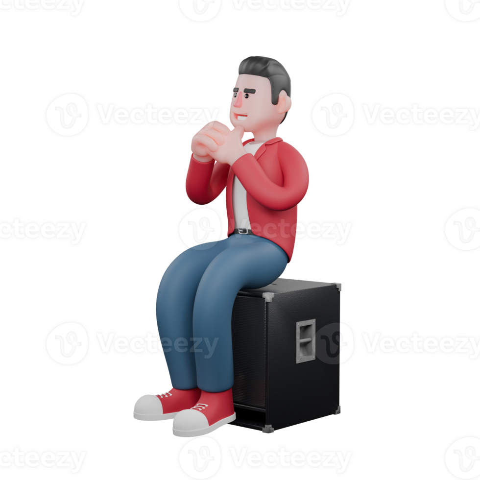 Cartoonish 3D Singer Character.A male singer sits on a speaker with his hands folded in front of his chest as if praying. Vocal Artist png
