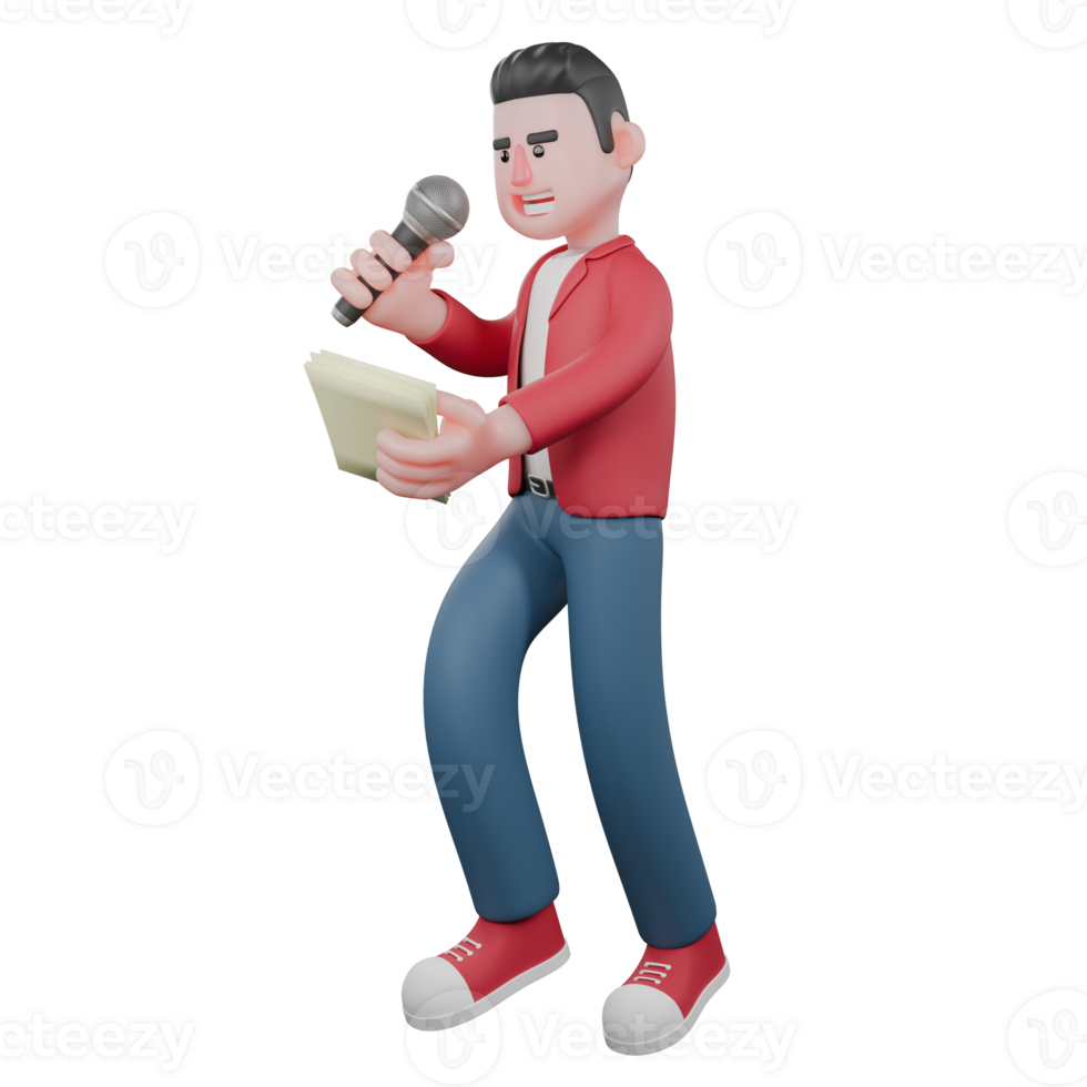 3D Animated Music Character. A male singer is standing while singing holding a mic and reading a lyric book that he is holding. Singing Performer png