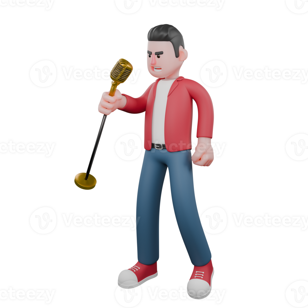 Illustrated Vocalist Character in 3D. A male singer stands holding a microphone in his left hand with an angry expression. Music Artist png