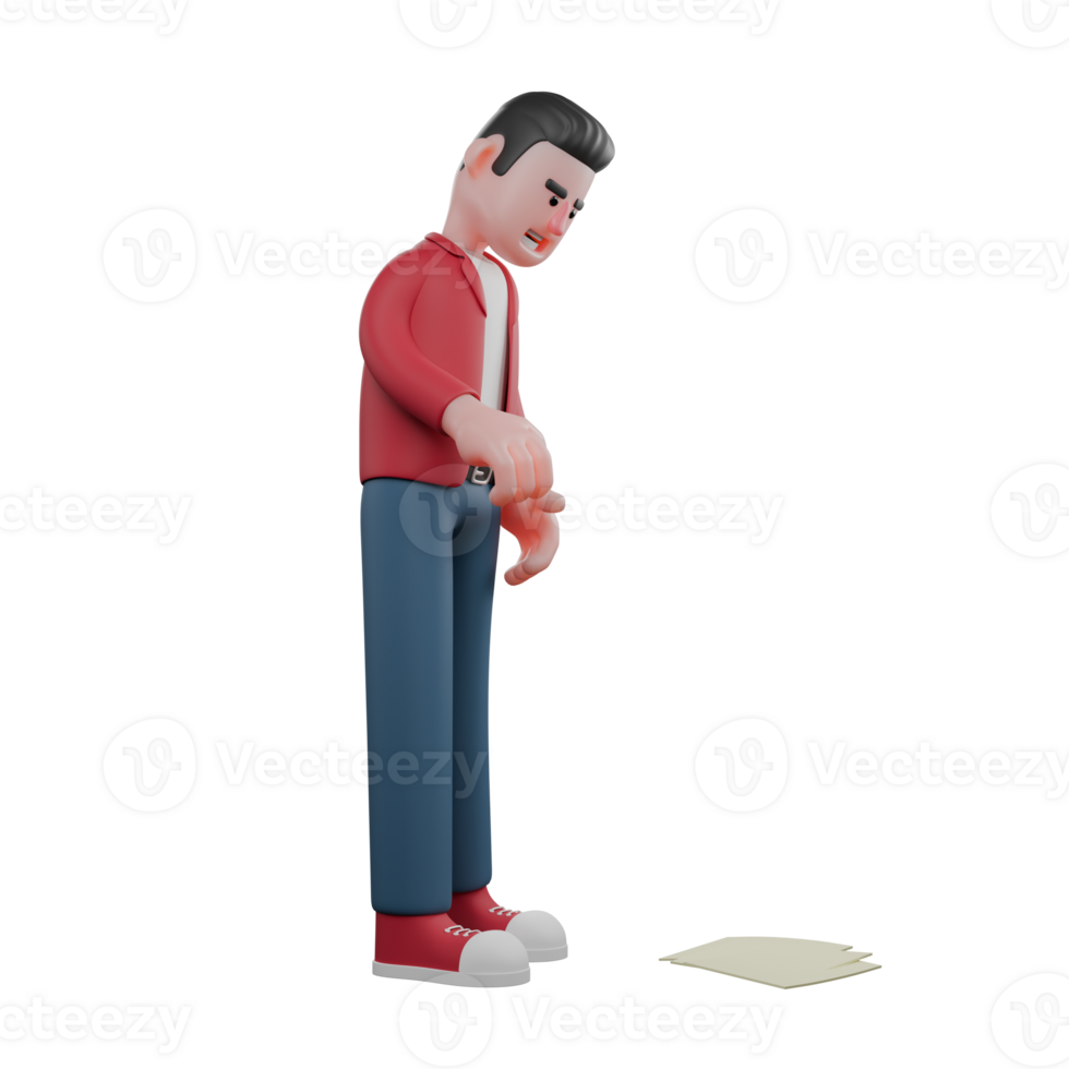 Cartoon Singer Character in 3D. A male singer is standing and looking down at a fallen lyric and as if he wants to pick it up. Music Icon png