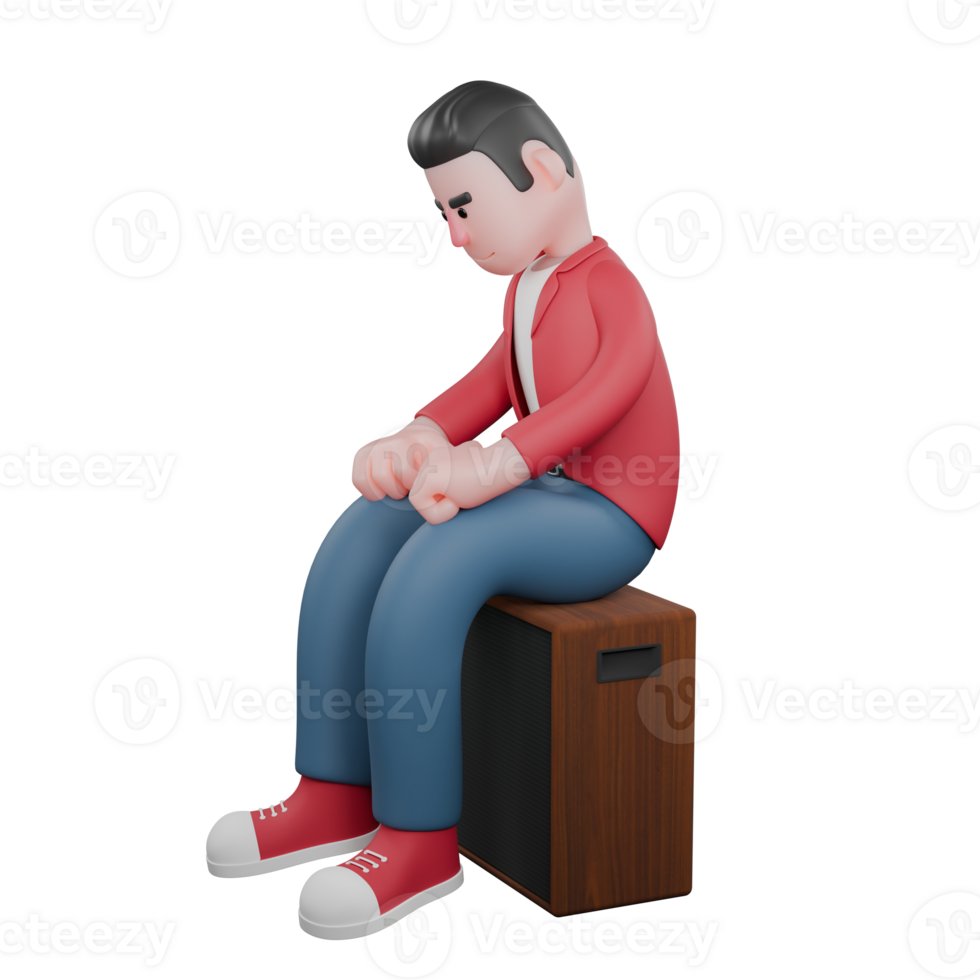 3D Model of Cartoon Vocalist. A male singer sits on a speaker with both hands on his thighs. Performance Artist png
