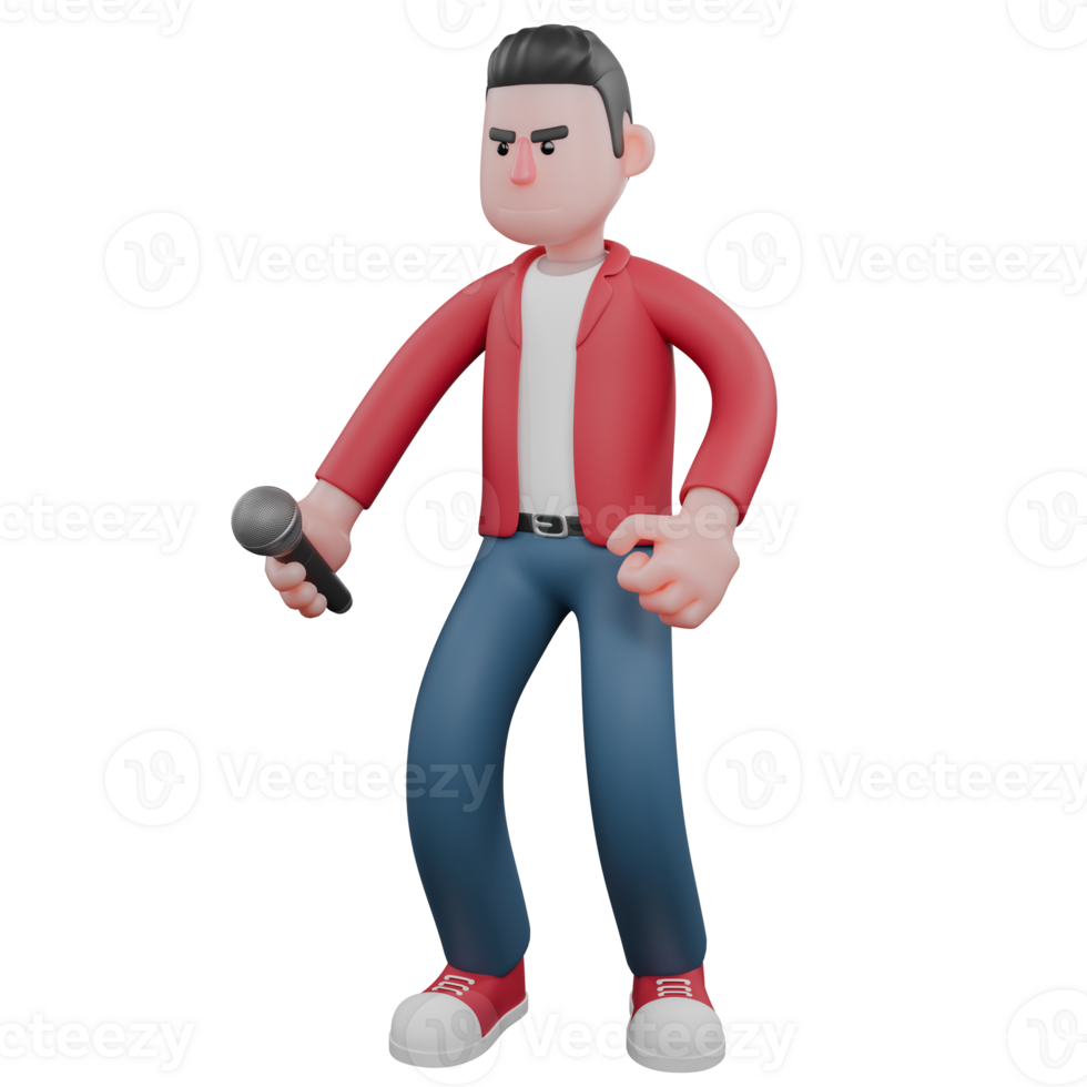 Singing Star 3D Model. A male singer is standing slightly squatting while holding a mic. Animated Music Character png