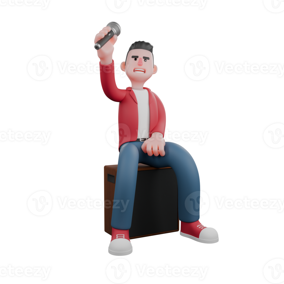 3D Character of Cartoon Singer. A male singer sits on a speaker with a microphone raised with his left hand. Musical Talent png