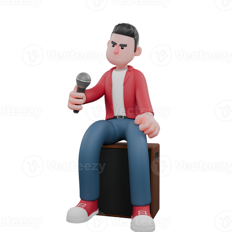 Cartoon Character of Male Vocalist. A male singer is sitting on a speaker while holding a mic. Music Talent png