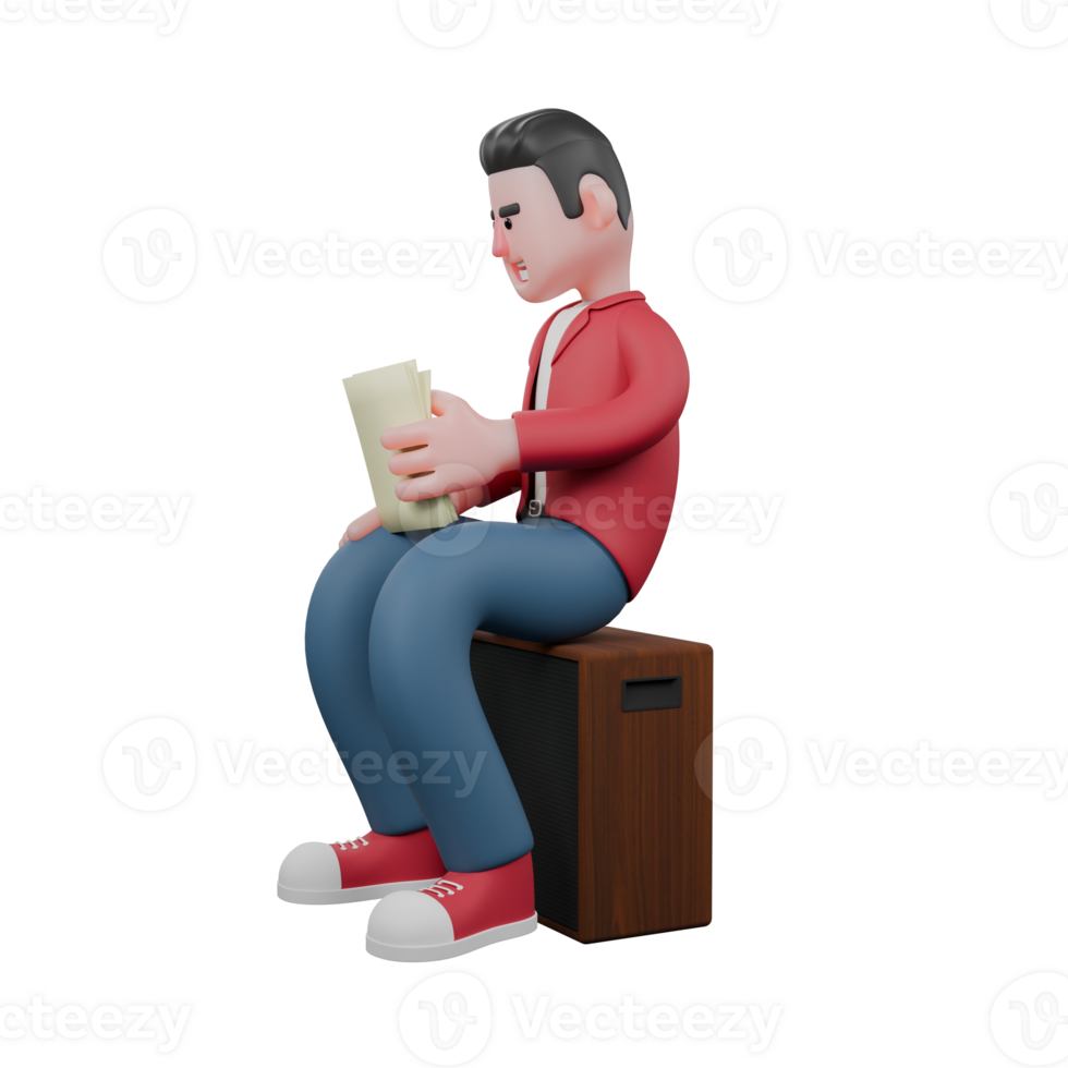 3D Vocal Artist Character. A male singer is sitting on a speaker while reading a lyric book. Cartoon Model png