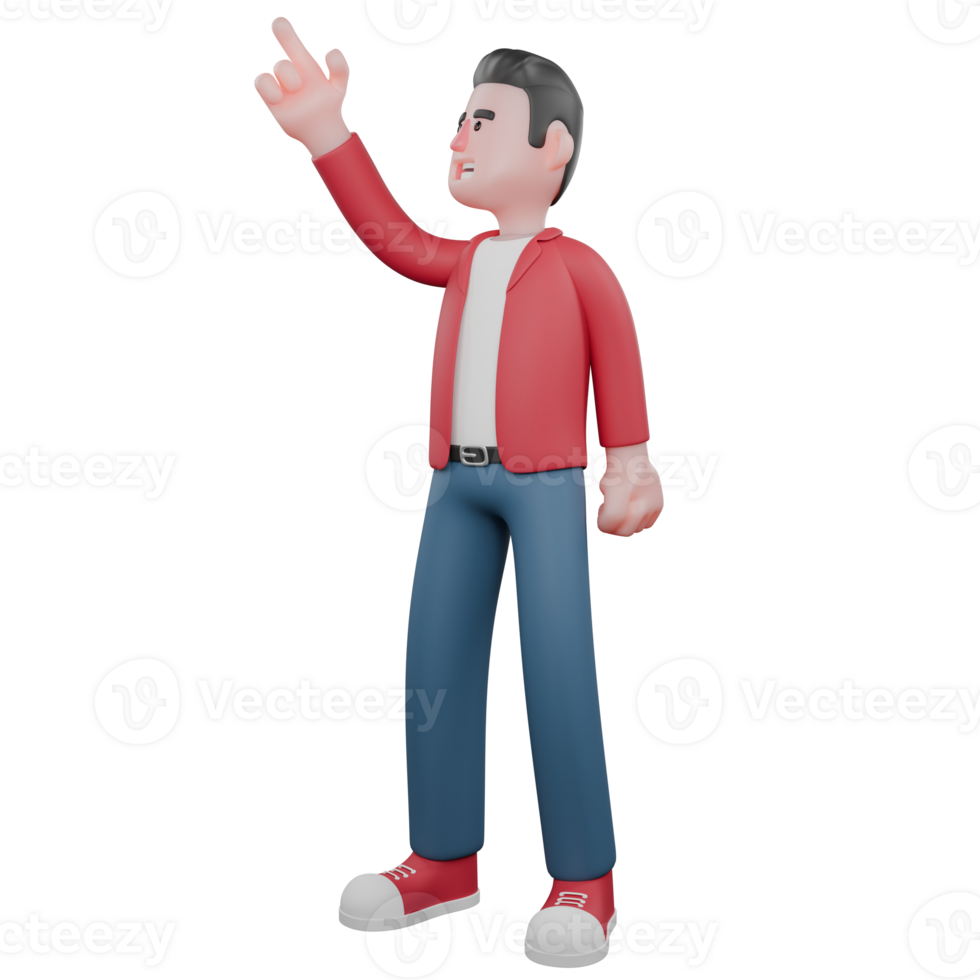 3D Cartoon Music Character. A male singer stands pointing up with his left hand. Vocal Performer png