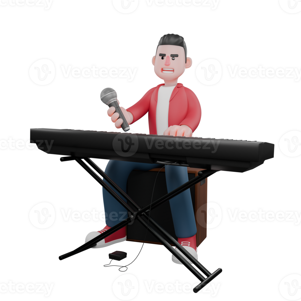 3D Singing Cartoon Character Design. A male singer sits in front of an electric keyboard with a microphone in his hand. Music Artist png