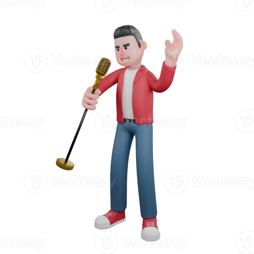 3d Masculin chanteur dessin animé conception. une Masculin chanteur des stands avec une microphone dans le sien main et un expression cette spectacles il est en chantant. la musique interprète png