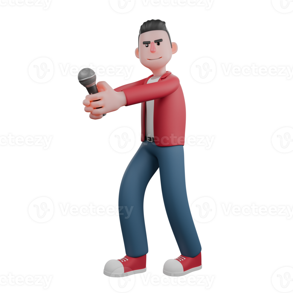 3D Animated Male Singer. A male singer is standing while holding a mic in both hands. Vocal Artist Design png