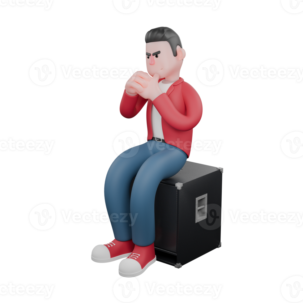 3D Animated Male Singer. A male singer sits on a speaker with his hands folded in front of his chin with an angry expression. Entertainment Character png