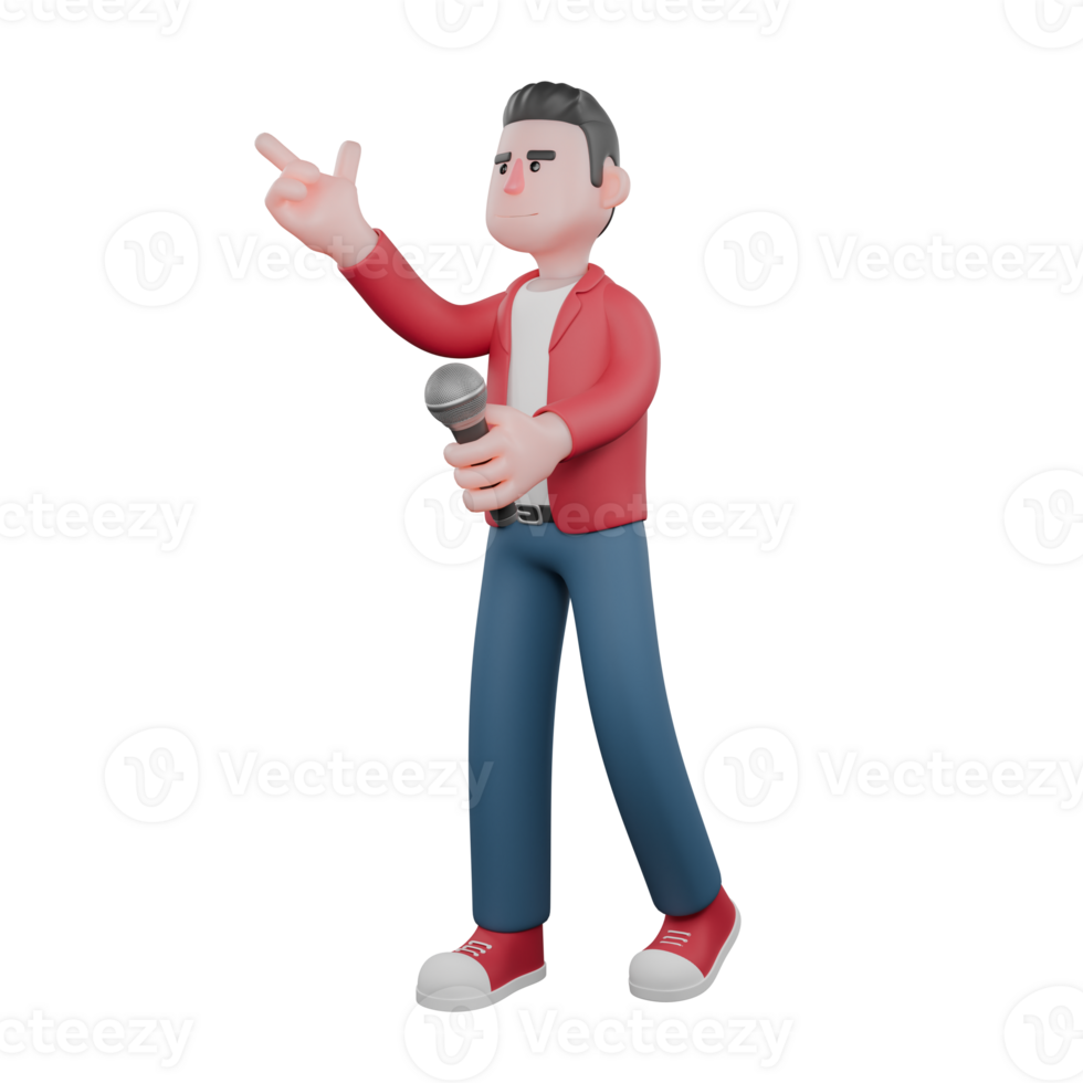 3D Model of Male Singer Character. A male singer is standing while holding a mic and giving a finger gun symbol to the front. Vocal Musician png