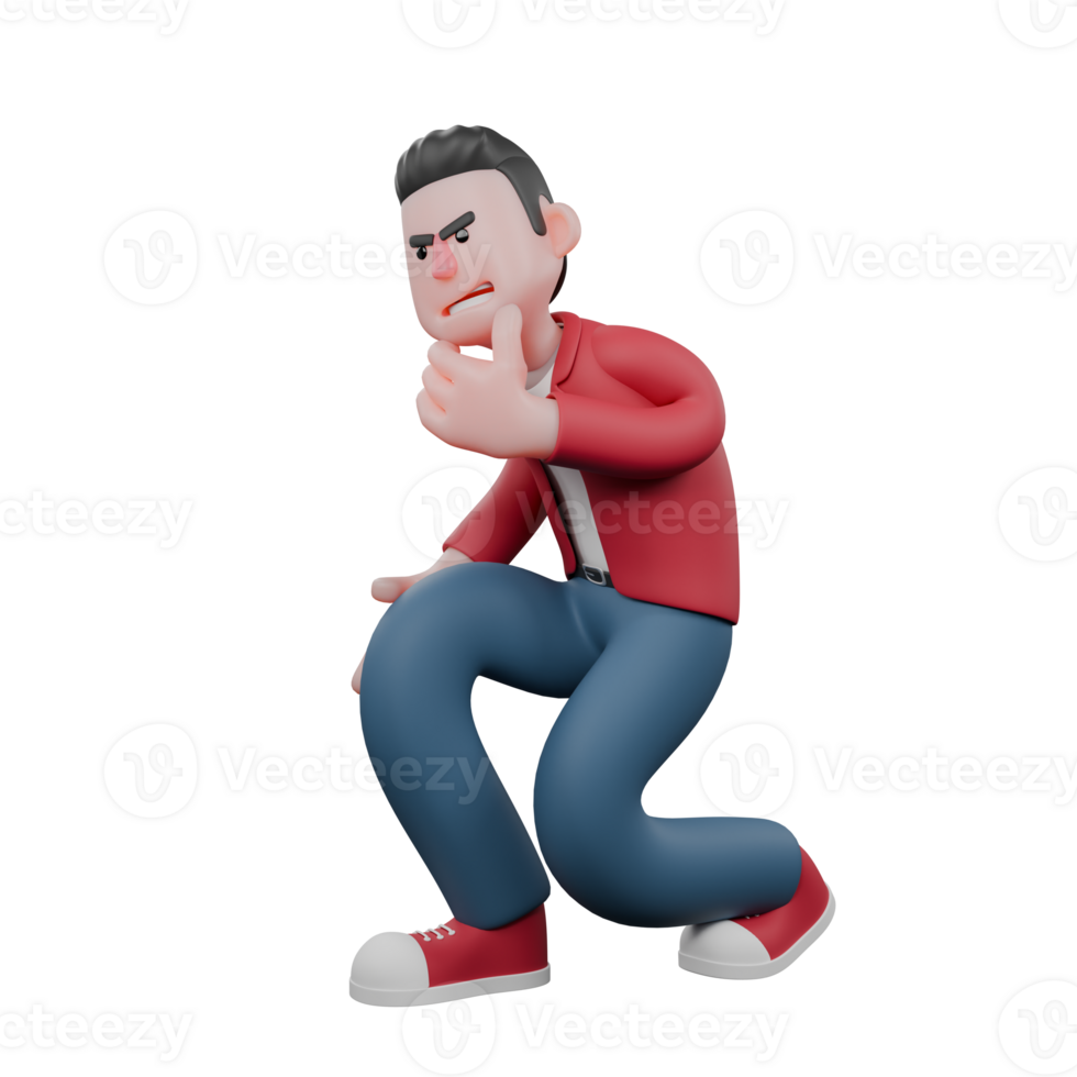 3D Vocal Performer Model. A male singer crouches while his left hand holds his chin with an angry expression. Singing Cartoon png