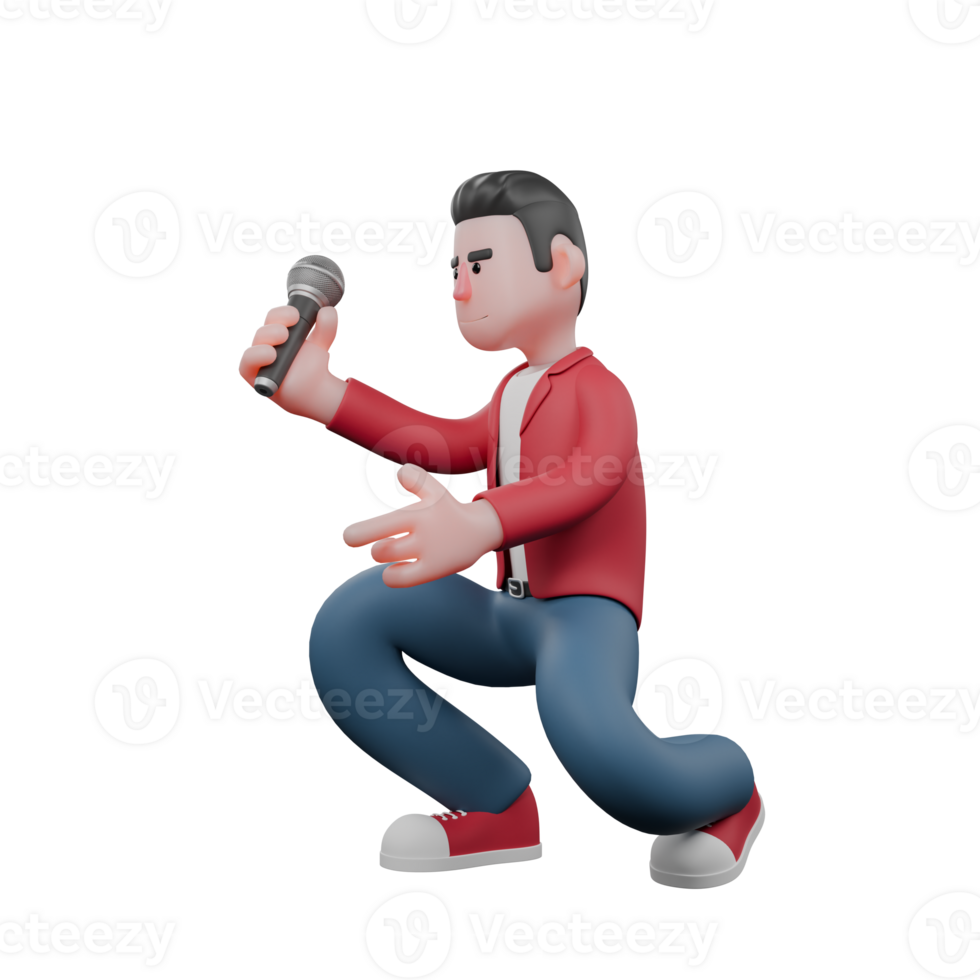 Cartoon Singing Star in 3D. A male singer is crouching while holding a mic and giving a finger gun symbol to the front. Music Performer png