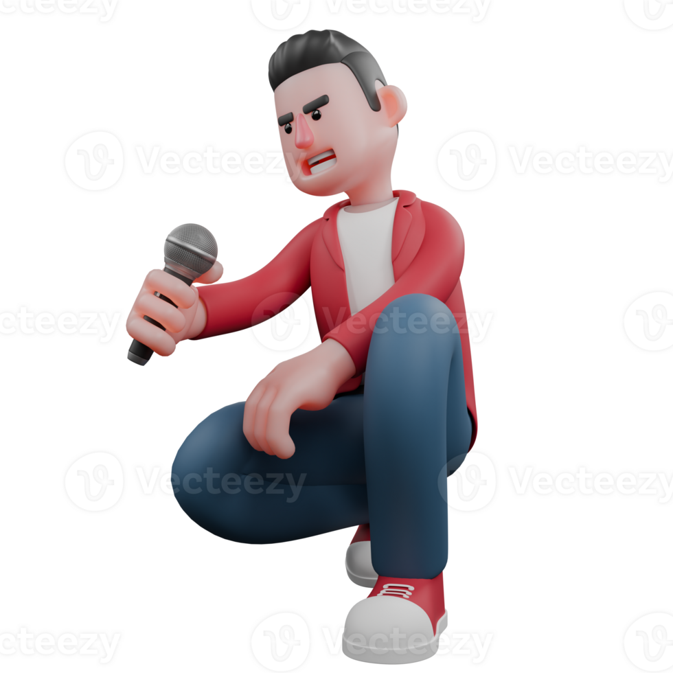 3D Cartoon Singer Model. A male singer crouches while singing. Animated Performer png