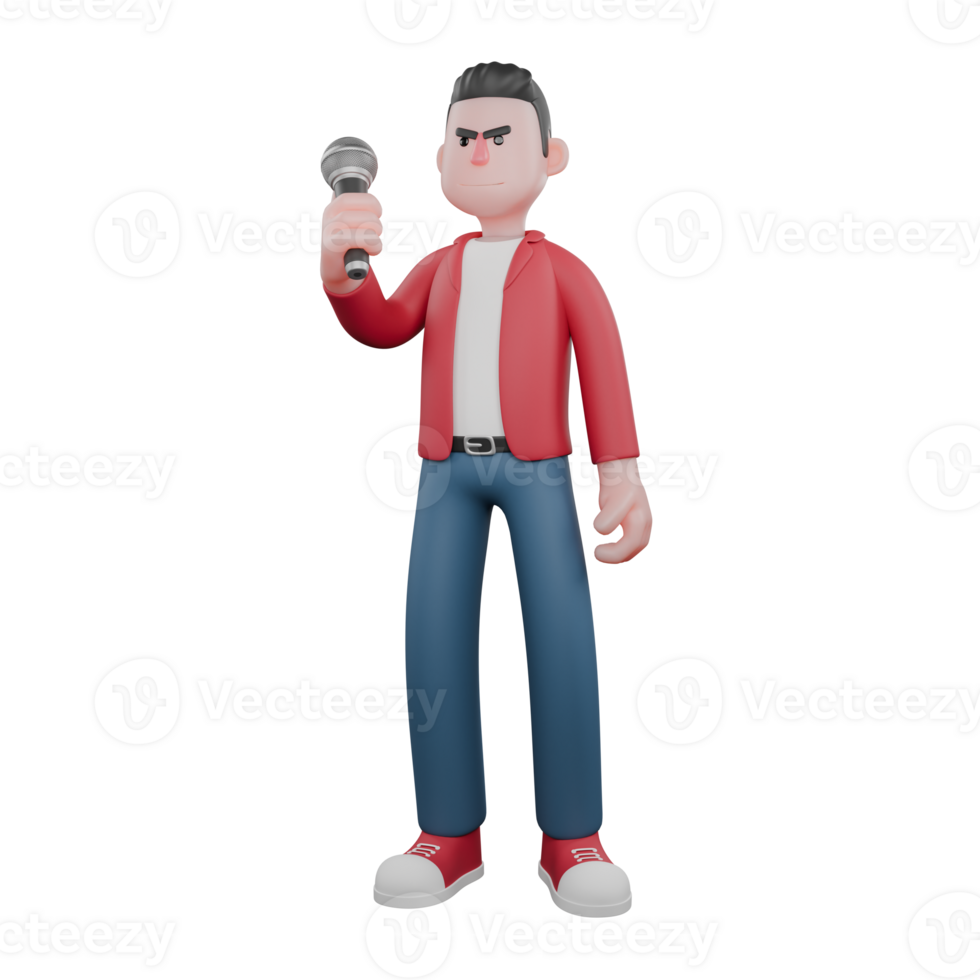 Illustrated 3D Vocal Star. A male singer is standing while lifting a mic. Music Performer png