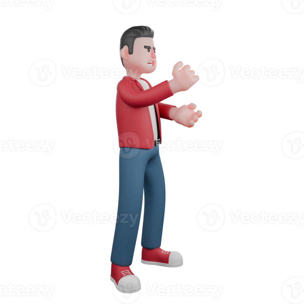 3D Cartoon Vocal Artist Model. A male singer stands with his hands raised up with an angry expression. Singing Performer png