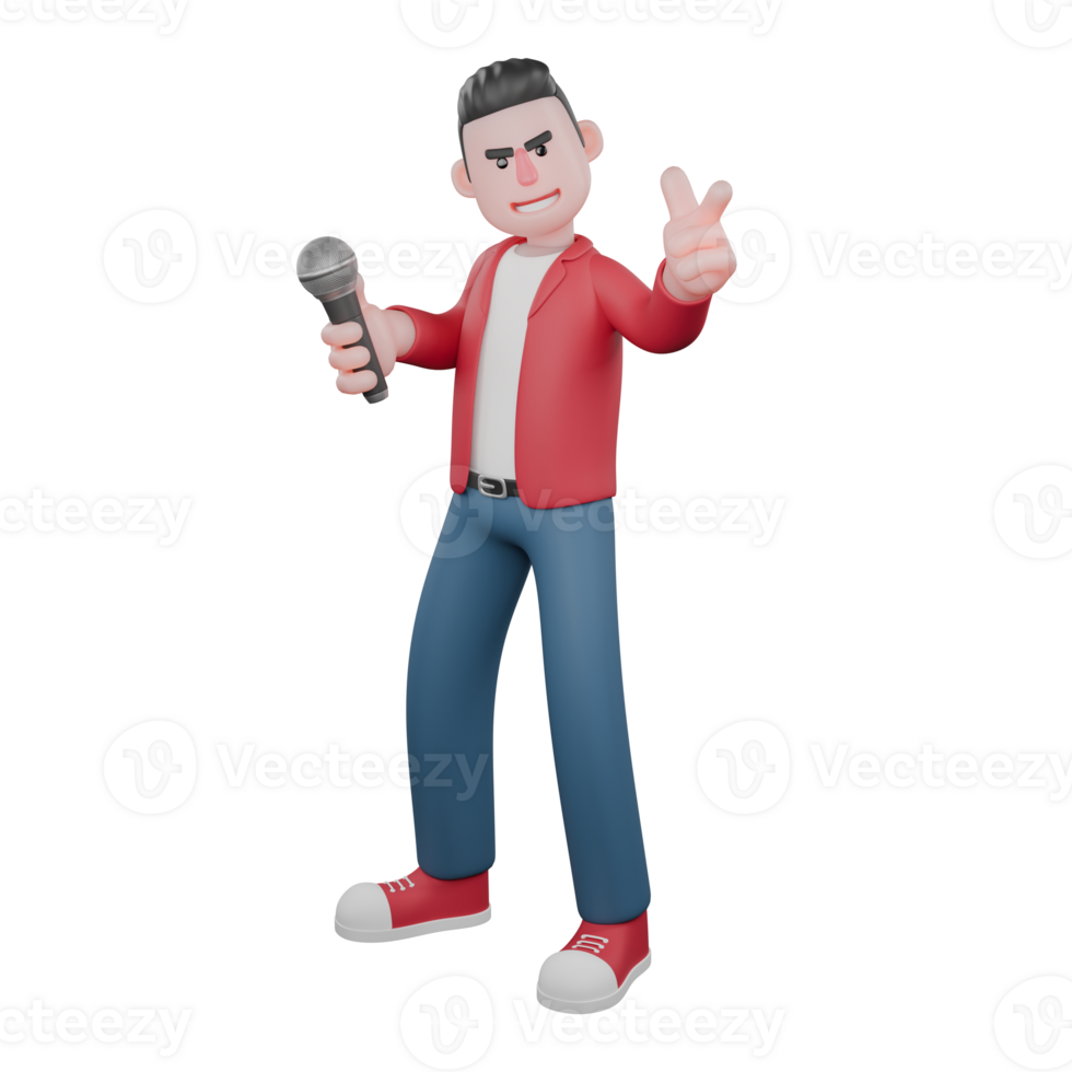 3D Singing Character. A male singer is standing while holding a mic and giving a gun finger symbol towards the front. Cartoon Vocalist png