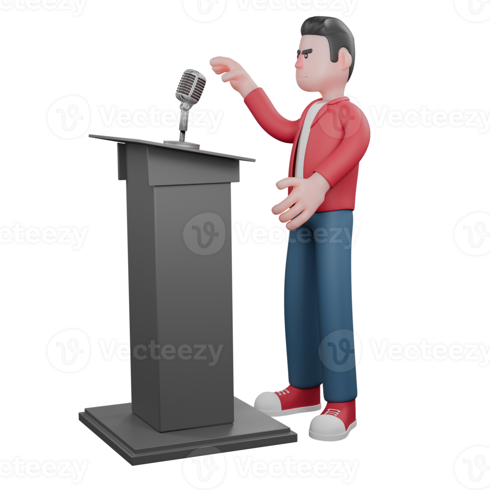 3D Male Vocal Character. A male singer is standing behind the podium and holding the microphone on the podium. Music Performance png