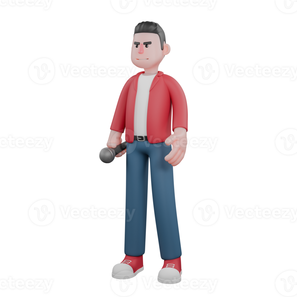 Professional Male Vocalist. A male singer is standing while carrying a mic. 3D Singer Character png