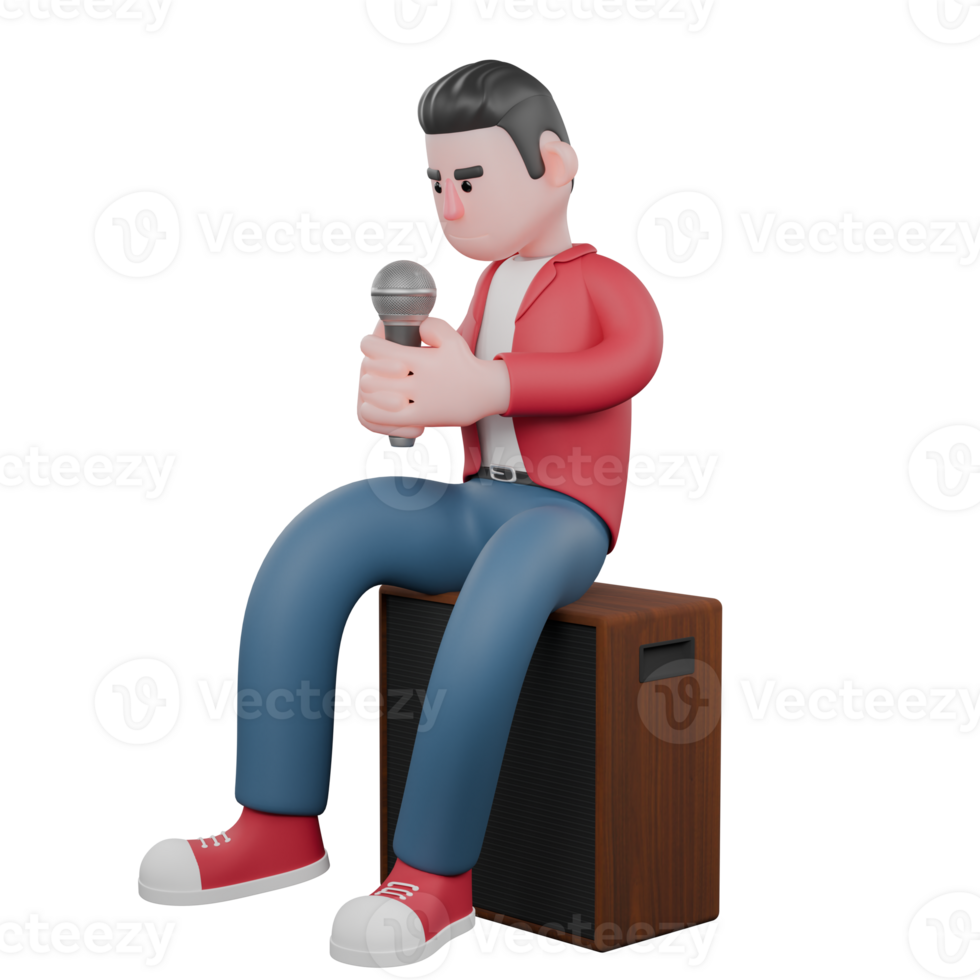 Male Cartoon Musician Model. A male singer sits on a speaker with a microphone in his hand and displays a serious expression. 3D Vocalist png
