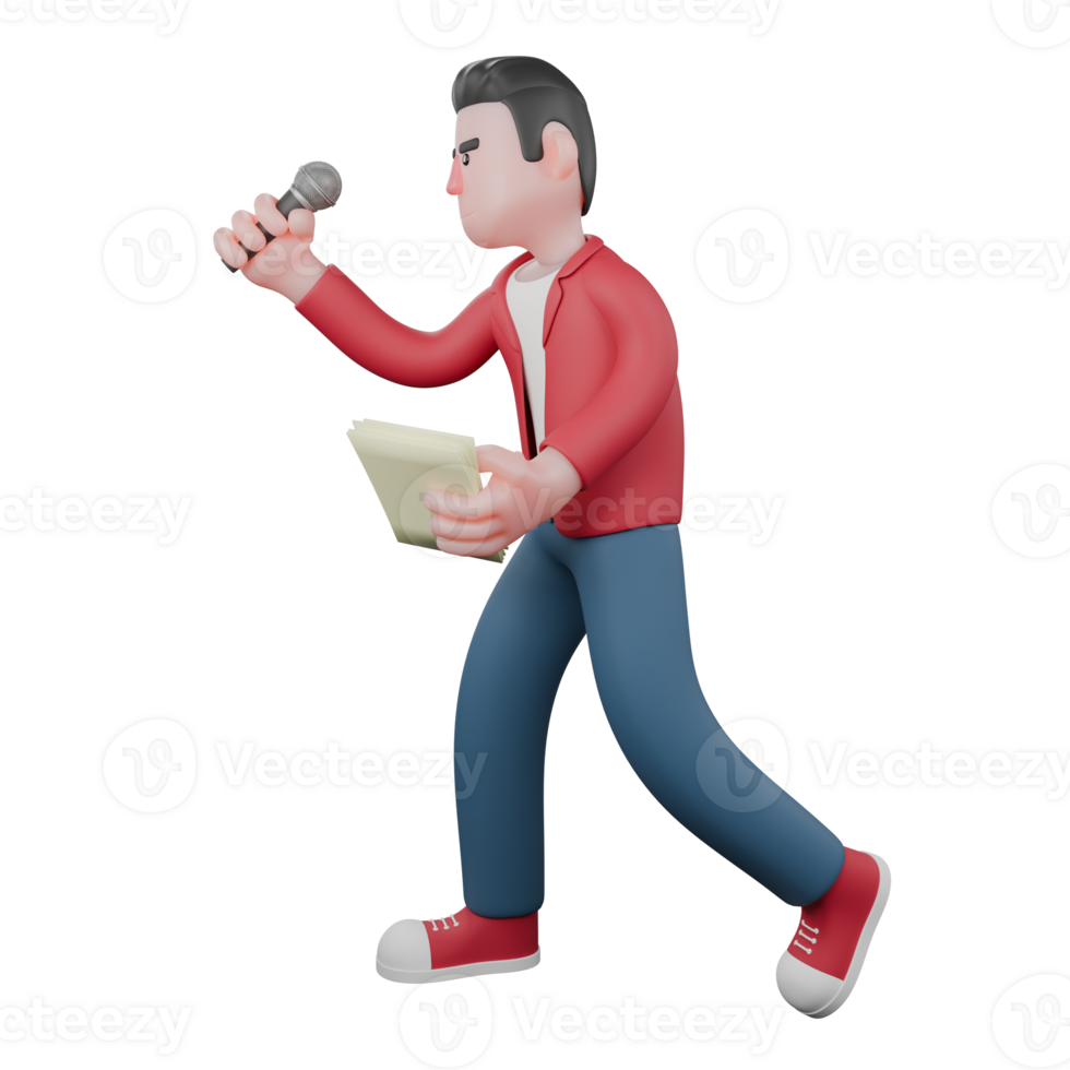 Male Vocalist Cartoon Model. A male singer is walking while holding a mic and a lyric book. Animated Performer png