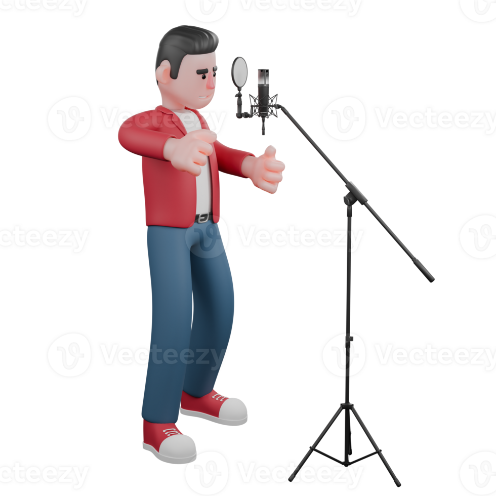 3D Singer Cartoon Character. A male singer is standing and dancing a little in front of a microphone stand while both of his hands are giving a thumbs up. Male Vocalist png