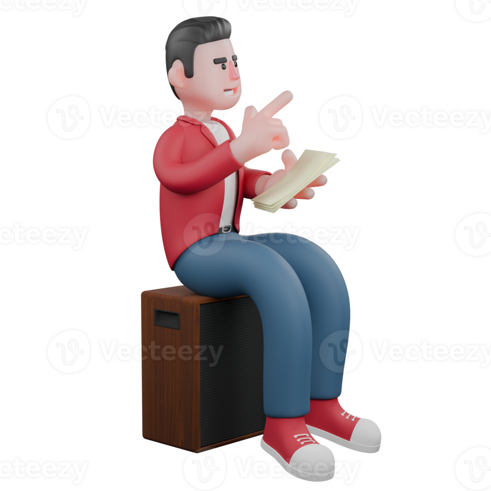 3D Male Singer Performance. A male singer is sitting on a cajon while carrying a lyric book and pointing forward. Cartoon Character png