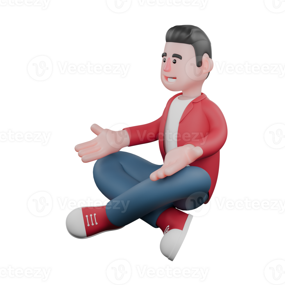Cartoon Singer in 3D. A male singer sits cross-legged with both hands on his thighs. Vocal Music Character png