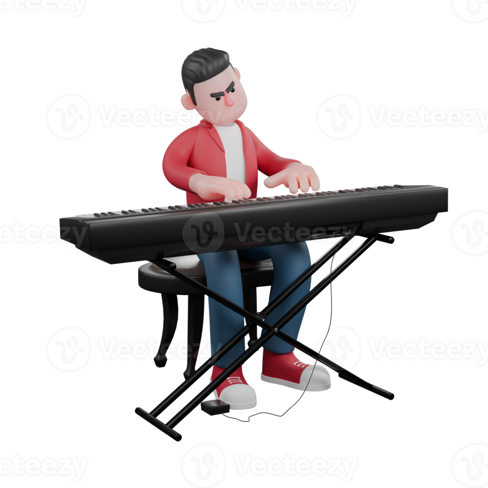 3D Animated Vocalist Character. A male singer is sitting while playing the piano. Male Music Artist png