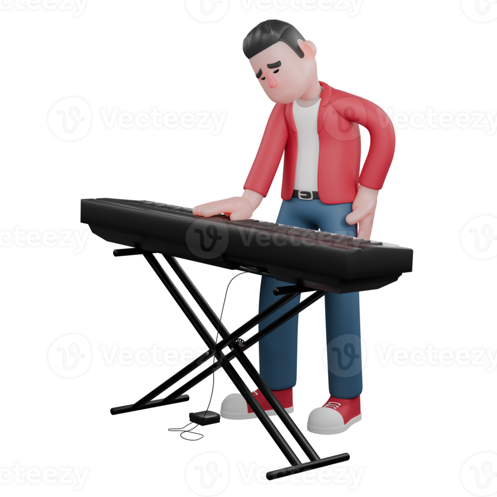 3D Vocal Performer. A male singer stands behind an organ with his right hand on the organ and his left hand on his waist. Cartoon Male Singer png