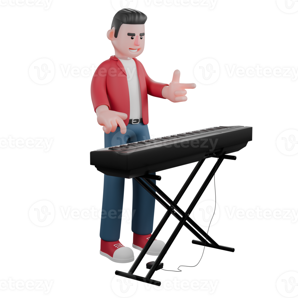 Cartoon 3D Singing Character. A male singer stands behind an organ with his left hand pointing forward and his right hand pointing at the organ. Music Star png