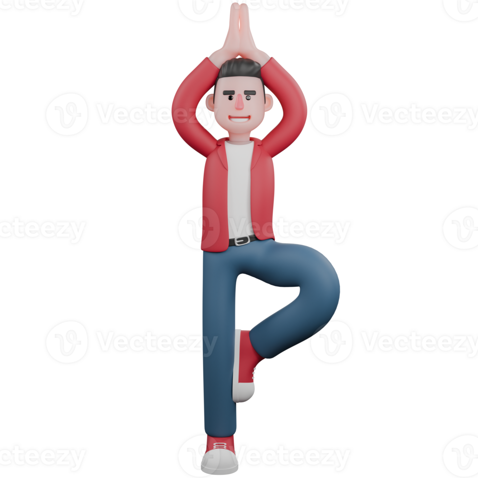 3D Character Singer. A male singer does a yoga pose, specifically a tree pose with one leg raised and both hands together above the head. Male Artist png