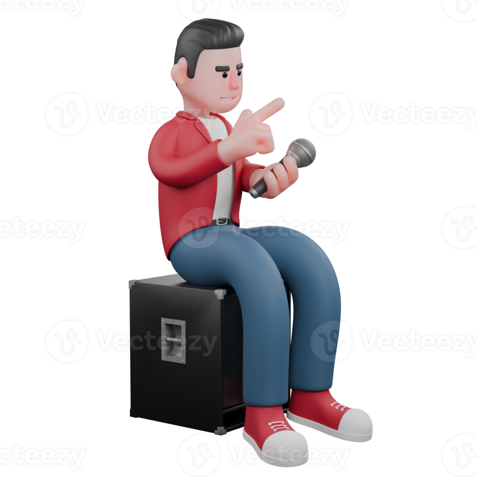 3D Character of Male Singer. A male singer sits on a speaker while holding a mic in his left hand and his right hand points forward. Music Performer png
