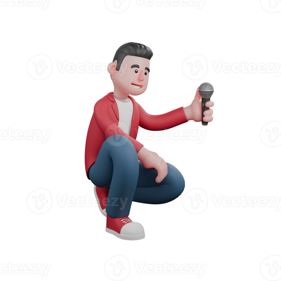 Professional 3D Cartoon Vocalist. A male singer is sitting with his head in a squat while carrying a mic. Male Musician png