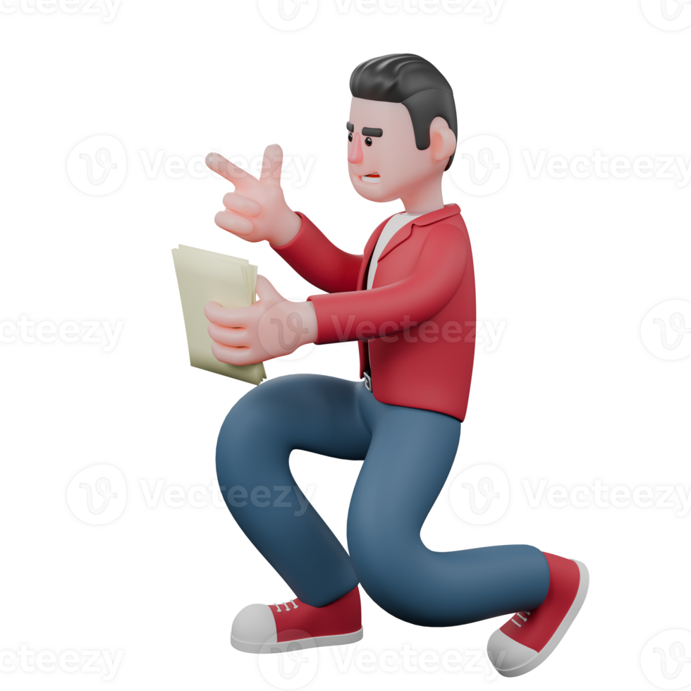 3D Vocalist Character. A male singer is squatting while carrying a lyric book while giving a gun finger symbol. Singing Star Design png