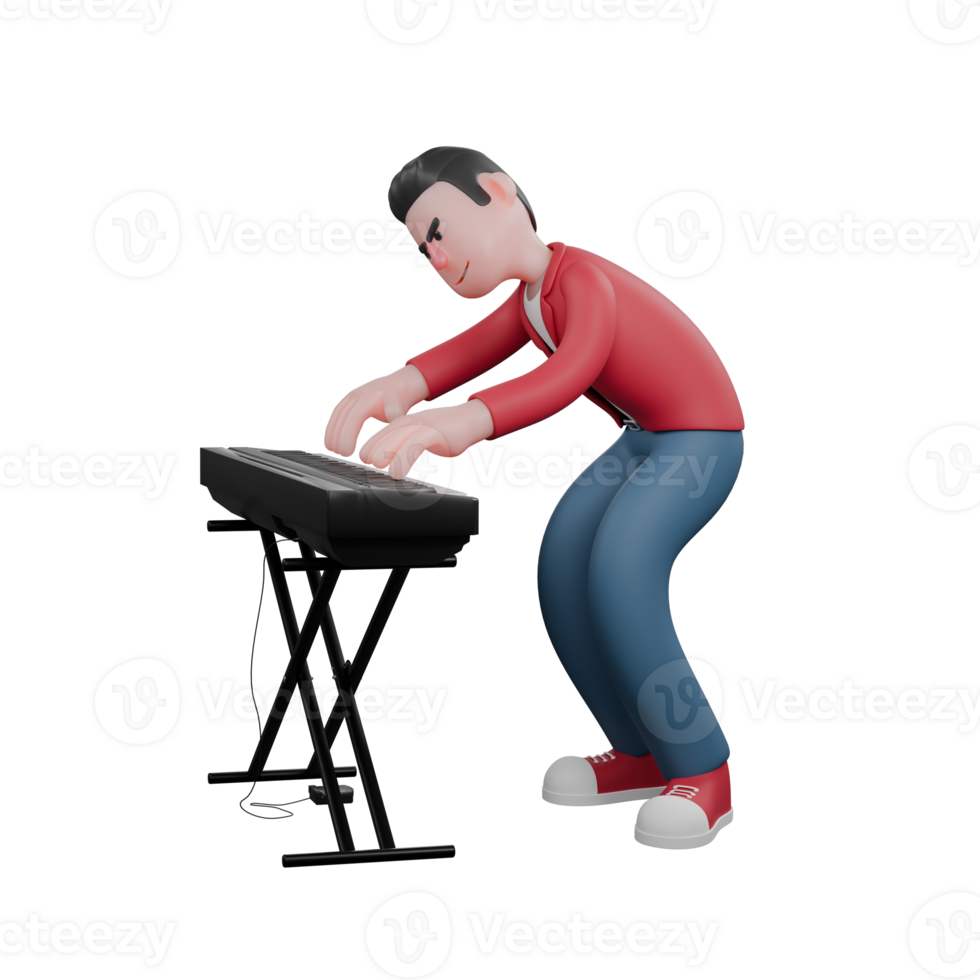 Male Singer in 3D Animation. A male singer is squatting while playing the electric piano. Cartoon Character png