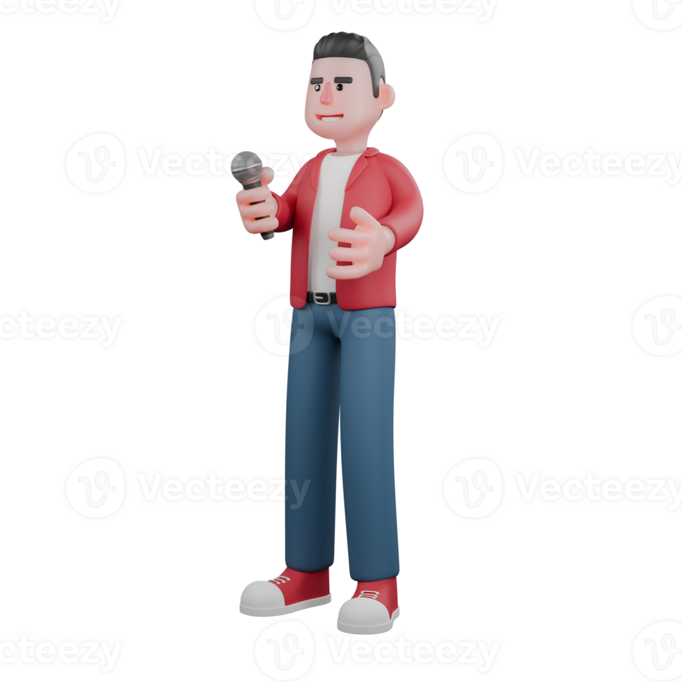 3D Animated Singer. A male singer is standing while holding a mic and extending his hands forward. Male Vocalist png