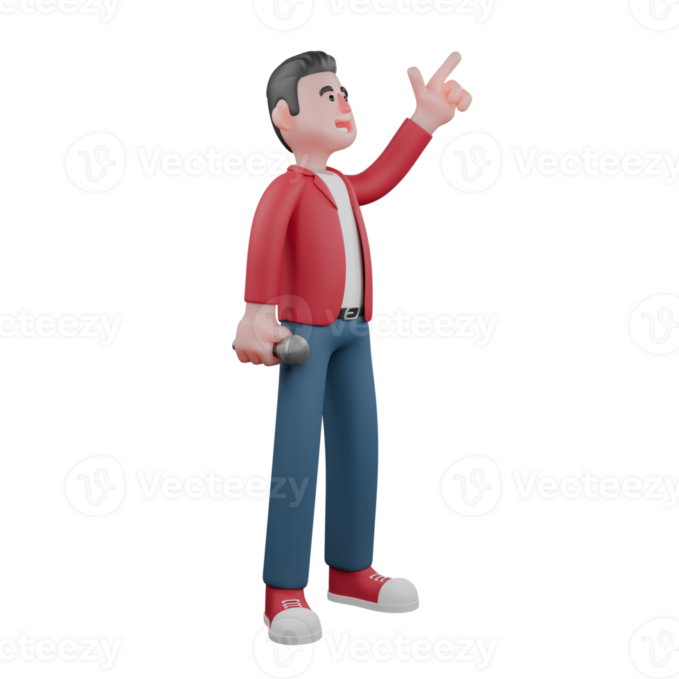 Professional Cartoon Male Singer. A male singer is standing while holding a mic and pointing upwards. 3D Character png
