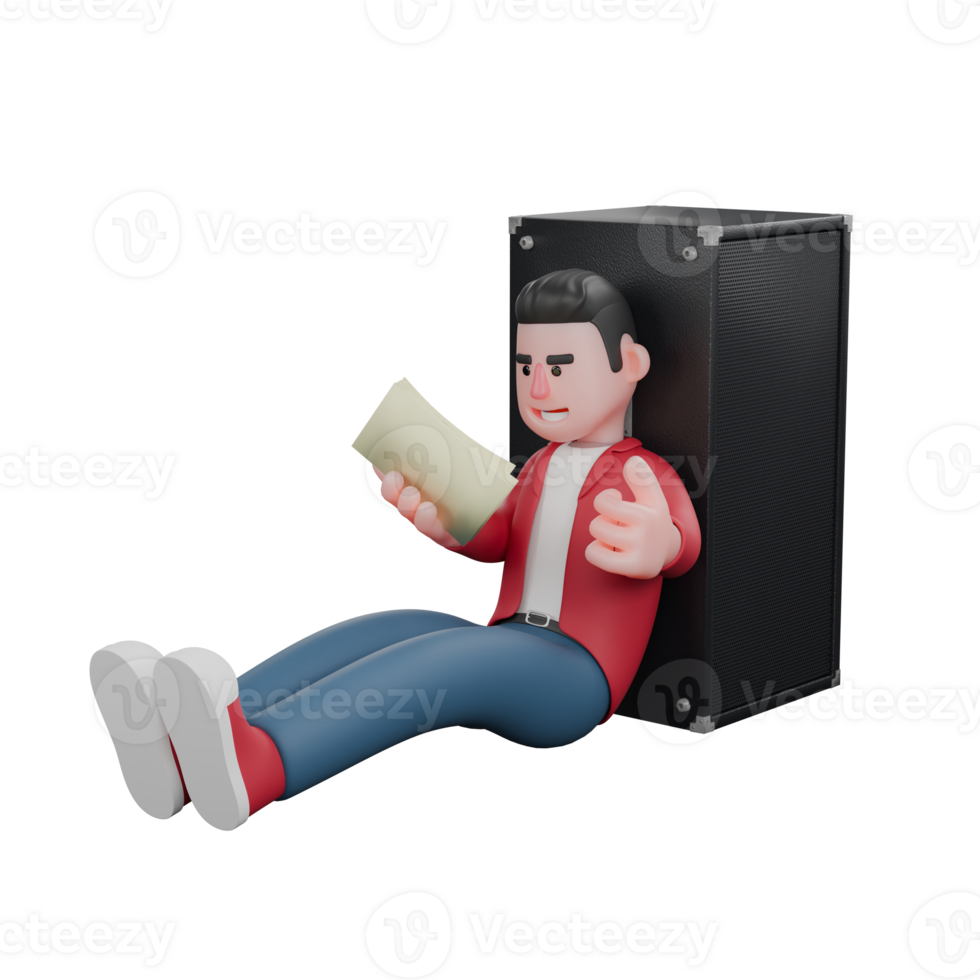 3D Vocalist Cartoon Character. A male singer sits relaxed leaning on a speaker while holding a sheet of paper in his right hand. Music Icon png