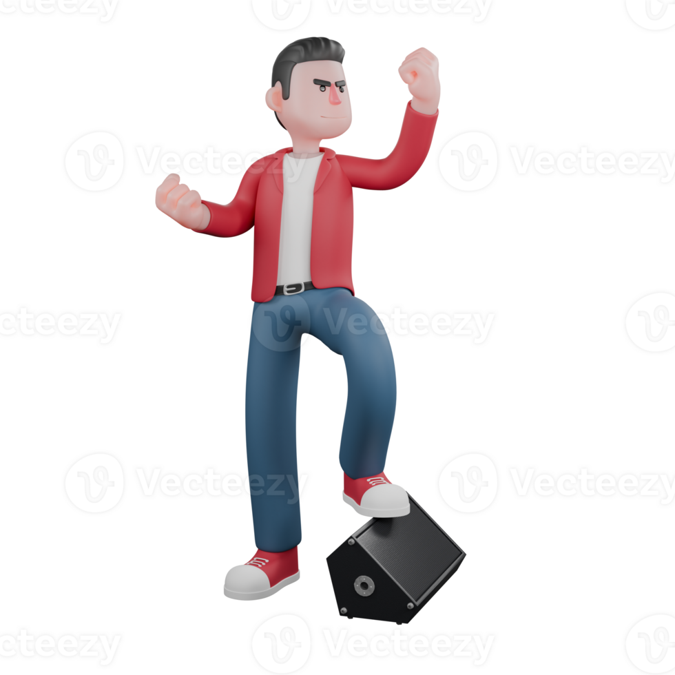 3D Model of Singer. A male singer stands with one foot on a speaker and both hands raised. Cartoon Music Character png