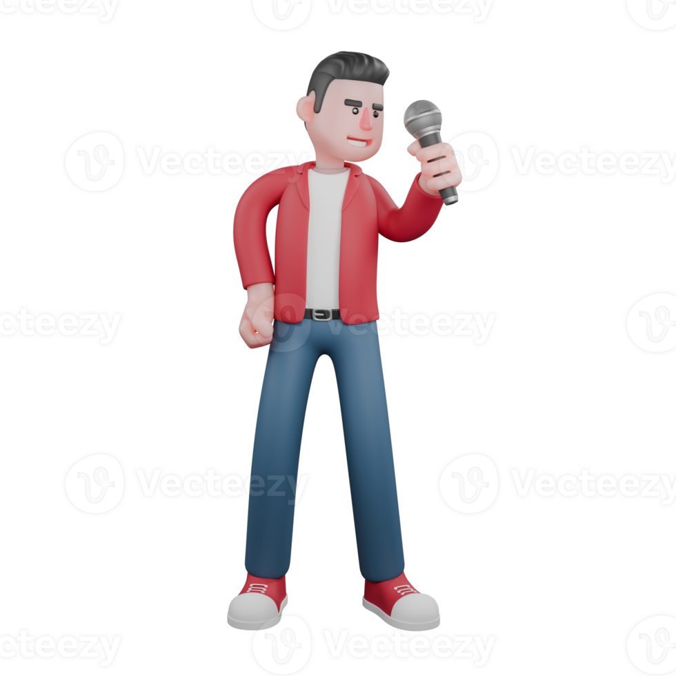 Animated Male Vocalist. A male singer is standing while observing the mic. 3D Music Performer png